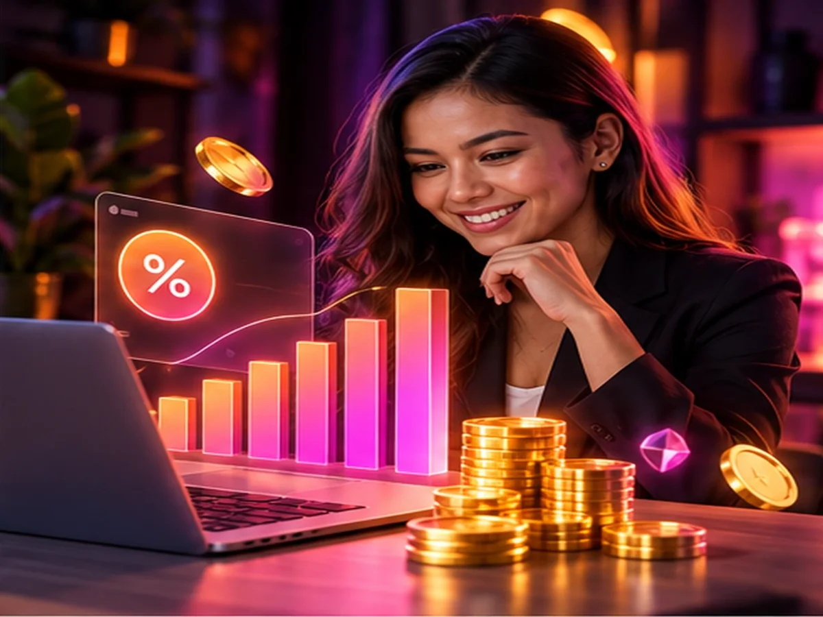 Agent smiling at a rising weekly commission chart beside stacks of coins